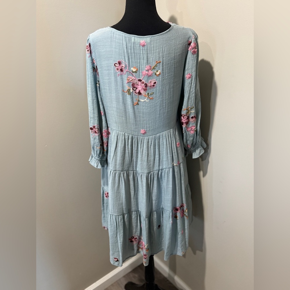 Hope Springs Floral‎ Embroidered Blue Dress Medium Boho Chic! Cottagecore - Picture 3 of 9